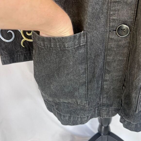 Denim & Co Black Button Front Denim Tunic Cotton Shirt Embroidered Size Small - Picture 9 of 10
